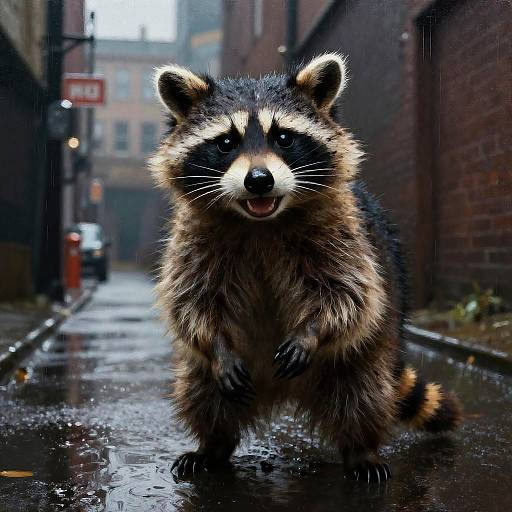 Giddy Raccoon in Cinematic Rainy Alley