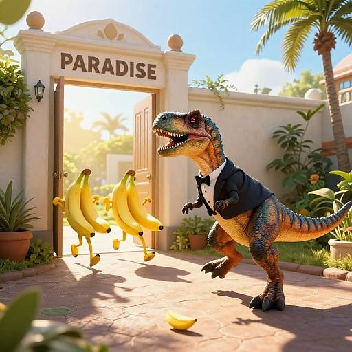 Photorealistic CGI: Dressed velociraptor in black tuxedo stands in front of 