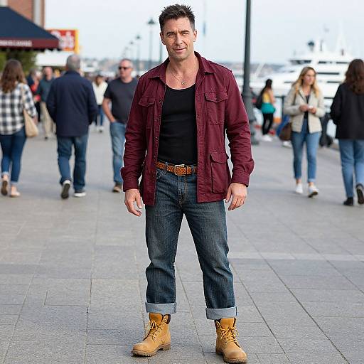 Photograph of a muscular man with short dark hair, wearing a maroon shirt, black tank top, rolled jeans, and tan boots, standing in