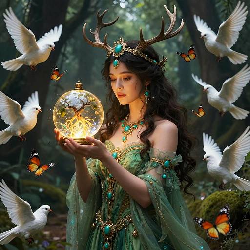 Fantasy photograph of a fair-skinned woman with long black hair, deer antler crown, green dress, turquoise jewelry, holding glowing orb, surrounded