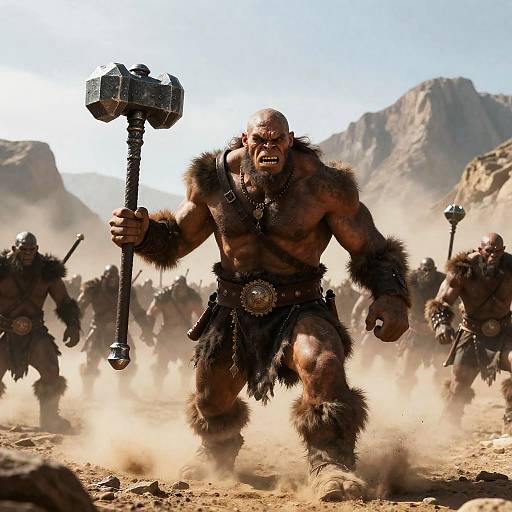 Photorealistic CGI of a muscular, bearded, angry Viking warrior with fur loincloth and large hammer, charging forward in a dusty, mountain