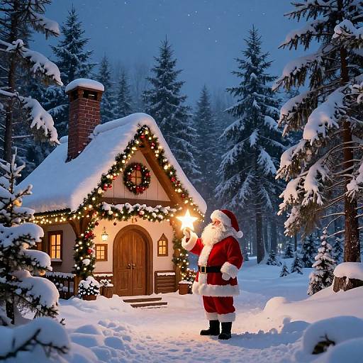 Photograph of Santa Claus in red suit lighting Christmas lights on a snow-covered, wooden cottage in a forest at night.