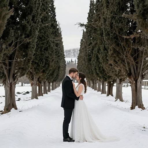 Photograph of a bearded groom in black suit, kissing a dark-haired bride in white dress, standing in a snowy, tree-lined path.