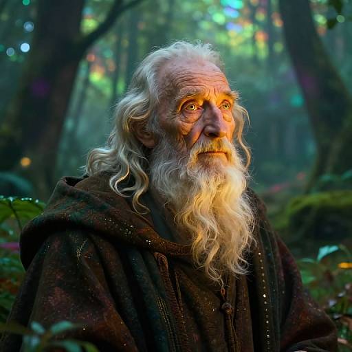 Photorealistic digital art of an elderly, white-bearded man with a glowing orange beard, wearing a dark, textured cloak, standing in a mystical