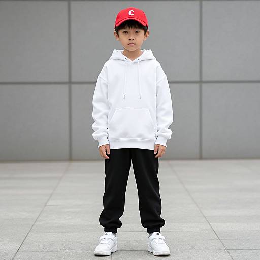 Photograph of a young Asian boy standing in front of a gray wall, wearing a red cap, white hoodie, black pants, and white sneakers.
