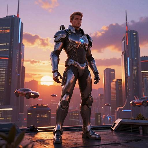 Photorealistic CGI of a muscular man in shiny, silver futuristic armor standing confidently at sunset in a neon-lit, flying-car cityscape.