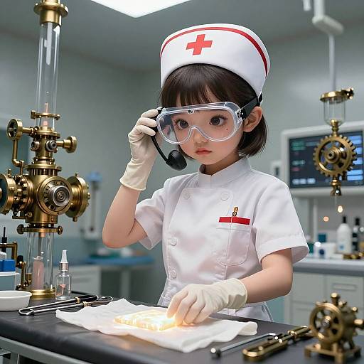 Digital artwork of an Asian girl in a white nurse uniform and cap, wearing goggles, operating complex brass lab equipment in a sterile laboratory.