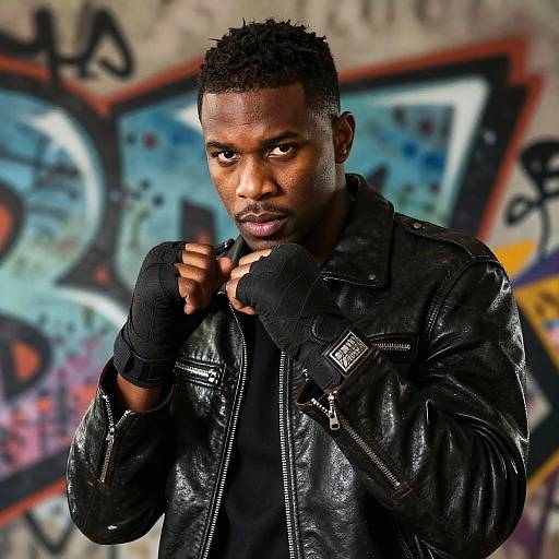 Photograph of a muscular Black man with short curly hair, wearing a black leather jacket and gloves, posing against a colorful graffiti wall. Intense expression