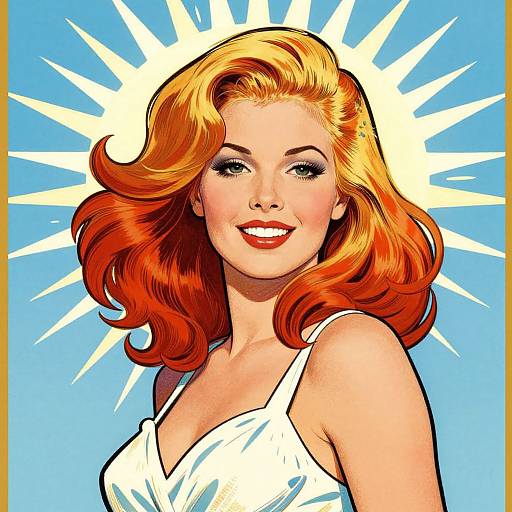 Digital pop art of a smiling woman with vibrant red hair, wearing a white dress, against a blue background with sunburst.