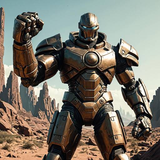 Bronze Armored Cyborg in Alien Landscape