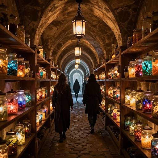 Mystical Corridor with Glowing Jars