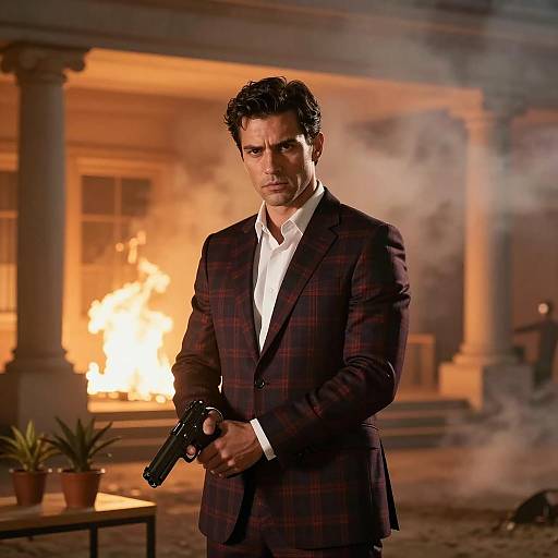 Man in Plaid Suit Holding Handgun with Fire and Smoke Background