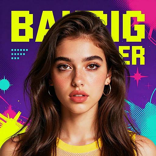 Photograph of a young woman with long dark hair, hoop earrings, and freckles, wearing a yellow top, against a vibrant, neon-colored