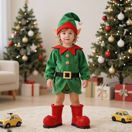 Photograph of a toddler with elf costume, green velvet outfit, red hat, boots, standing in living room with decorated Christmas trees.