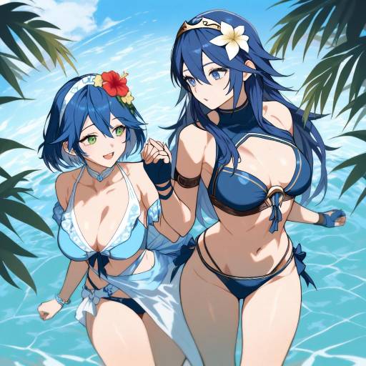 Dynamic Duo in Swimsuits by the Beach