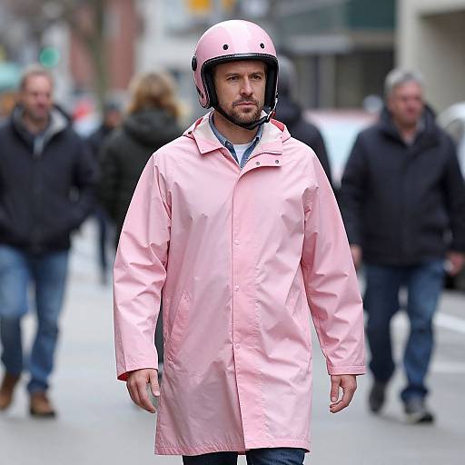 Photograph of a bearded man in a pink raincoat and matching helmet walking on a city street with blurred pedestrians.