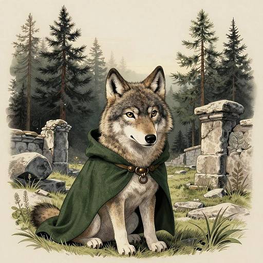 Regal Grey Wolf Pup in Forest Ruins