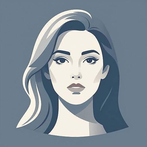 Digital illustration of a woman with white and blue-toned hair, light skin, and neutral expression, set against a solid blue background. Minimalist,
