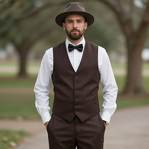 Photograph of a bearded man with a dark brown hat, black vest, white shirt, black bow tie, and black pants, standing in a