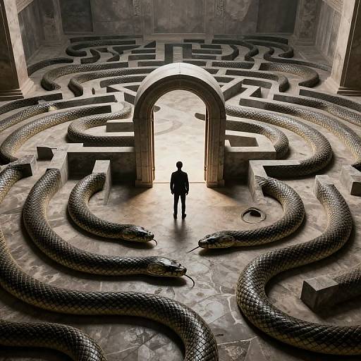 Photograph of a silhouette standing in a sunlit, stone labyrinth with massive, coiled snakes, centered under a large archway.