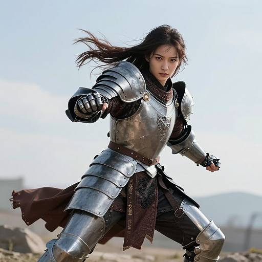 Photorealistic digital artwork of an Asian woman in shiny silver armor, mid-action, with flowing black hair, intense expression, and brown skirt, against