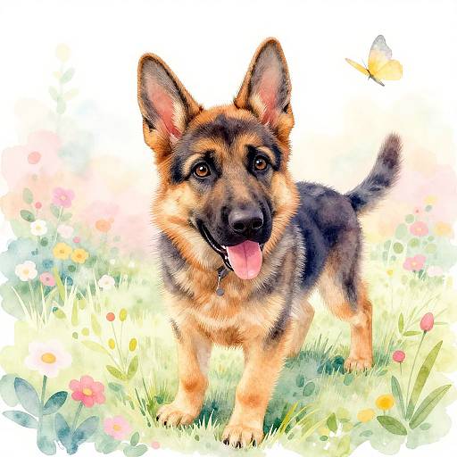 Watercolor painting of a happy German Shepherd with a pink tongue out, standing in a colorful, floral meadow with a butterfly.