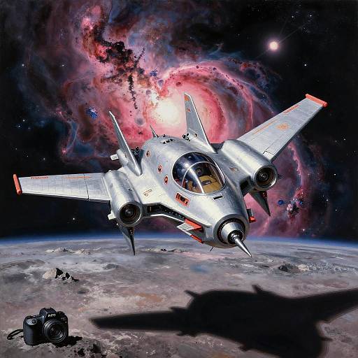 Digital artwork of a silver fighter jet with twin engines, cockpit canopy, and red-tipped wings, flying over a planet with a colorful, swirling galaxy