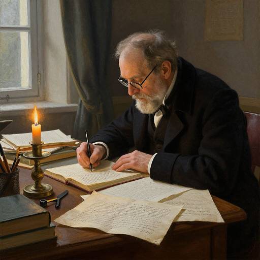 Photograph of elderly bearded man in black suit writing with quill by candlelight, surrounded by papers and books, in dimly lit study with