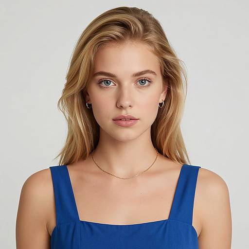 Photograph of a young blonde woman with blue eyes, wearing a sleeveless blue dress, gold necklace, and small earrings, against a white background.