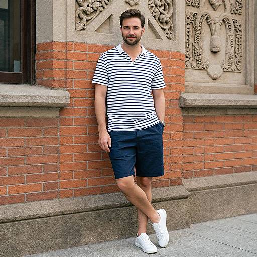 Photograph of a bearded man with short dark hair, wearing a black-and-white striped shirt, navy shorts, and white sneakers, leaning against a