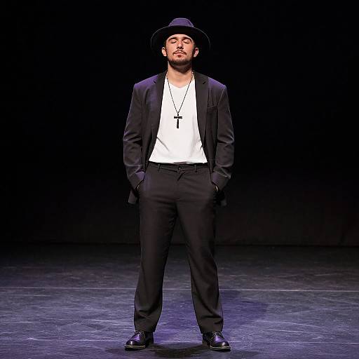 Photograph of a bearded man with dark skin, wearing a black hat, black suit, white shirt, black pants, and black shoes, standing