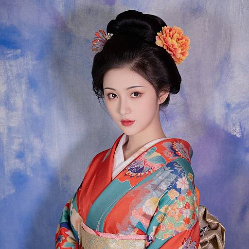 Photograph of a young Asian woman in traditional Japanese kimono with vibrant floral patterns, orange hairpin, and blue-purple backdrop.