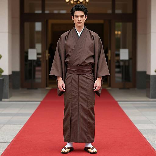 Photograph of a young man in a brown kimono, white socks, and black geta sandals, standing on a red carpet in front of a