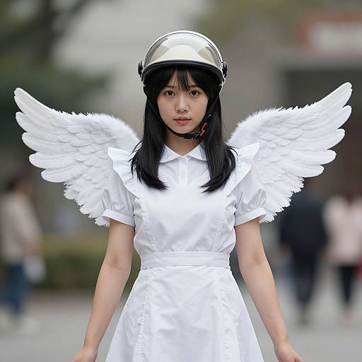 Photograph of an Asian woman with black hair, wearing a white angel costume with wings, helmet, and white dress, standing outdoors. Blurred background