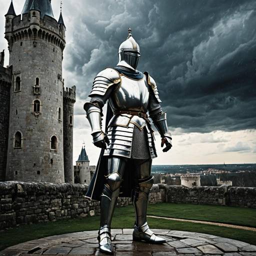 Valiant Knight Amidst Stormy Castle Landscape