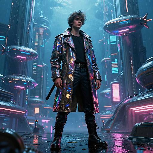 Cyberpunk scene: Spiky-haired man in shiny, multicolored trench coat, black leather pants, and boots, holding a sword, stands