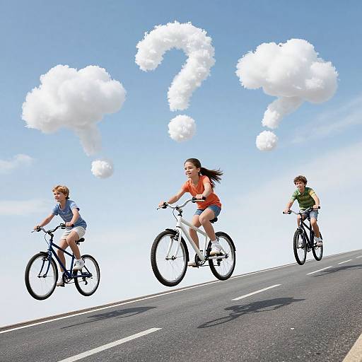 Photograph of three children biking on a road with blue sky and white clouds; two girls and one boy, wearing casual clothes, with bright expressions and