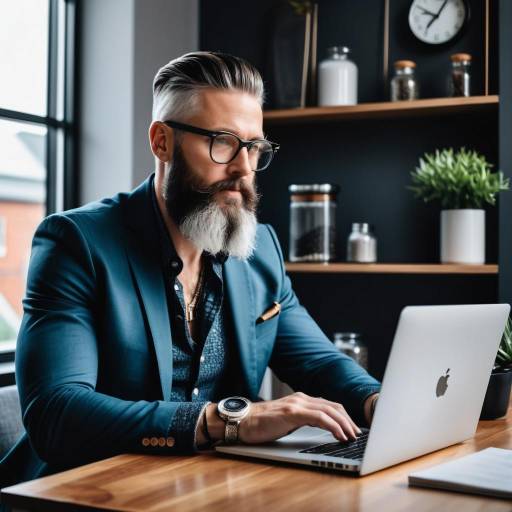 Bearded Man Working on Laptop in Modern Office