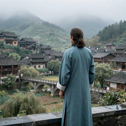 Man in Blue-Green Robe Overlooking Misty Mountain Village