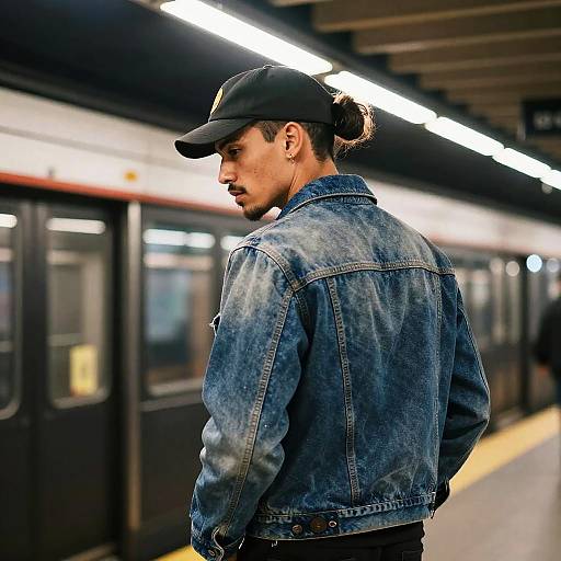 Photograph of a young man with tan skin and black cap, wearing a denim jacket, standing on a subway platform, looking back over his shoulder.