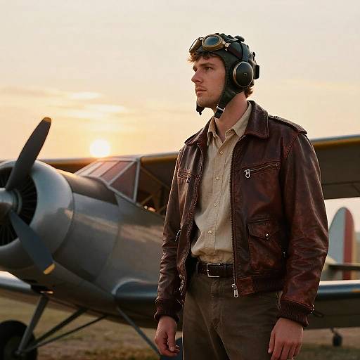 Vintage Pilot by Old Airplane at Sunset