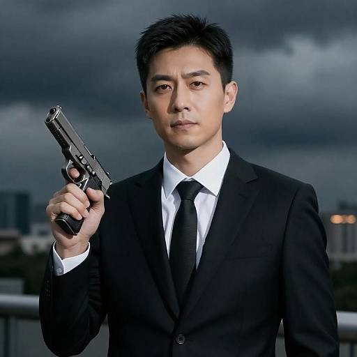 Serious Asian man with handgun in suit