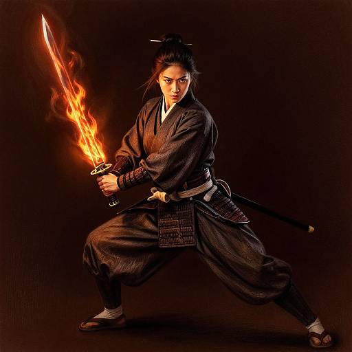 Photograph of a fierce Asian woman in dark kimono, holding a flaming sword, poised in a low fighting stance against a black background. Dynamic,