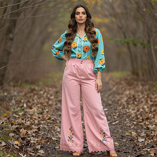 Woman in Floral Blouse and Pink Wide-Legged Pants in Autumn Forest
