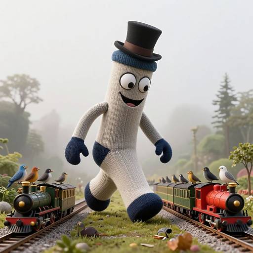 CGI image of a large, smiling, white, knitted figure with blue gloves and top hat, walking between two toy trains with birds.