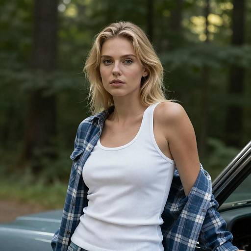 Blonde Woman in White Tank Top in Forest