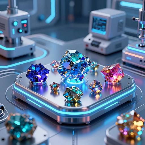 Photorealistic CGI of a futuristic lab display featuring vibrant, glowing gemstones in blue, red, yellow, and green on a illuminated, metallic platform