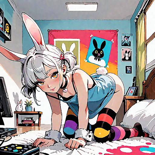 Anime Girl in Bunny Outfit in Colorful Room