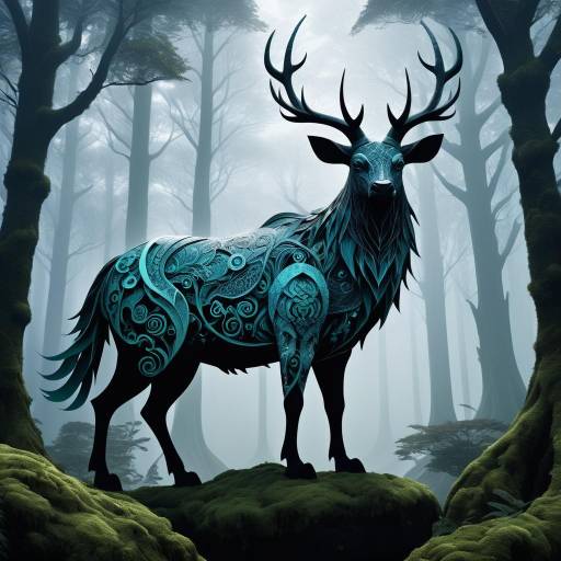 Intricately Designed Mythical Deer in Enchanted Forest