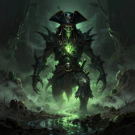 Digital fantasy artwork: A glowing green, skeletal pirate monster with dark, jagged armor stands in a misty, eerie swamp, surrounded by skeletal remains